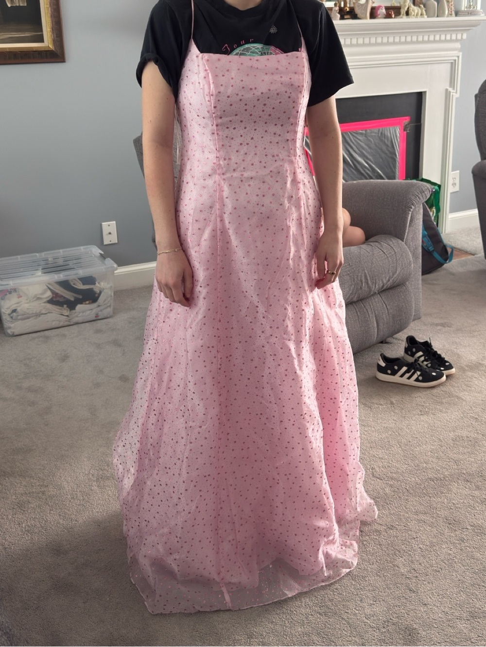 Betsy & Adam Light Pink Sparkle A-Line Prom Gown